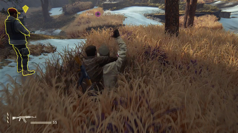 A stealth lesson early in the game. Hide in the tall grass, and you can take out an enemy without making a ruckus, though the yellow outline on the other guard indicates rising suspicion.